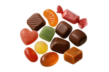 Assortment of colorful sweet candies, chocolates, caramels, and jellies with sugar coating, transparent background
