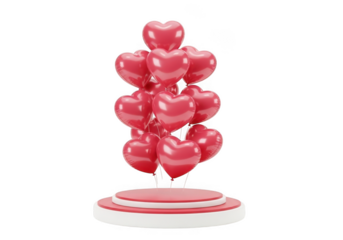 A cluster of red heart shaped balloons floating above a tiered display stand isolated on transparent background