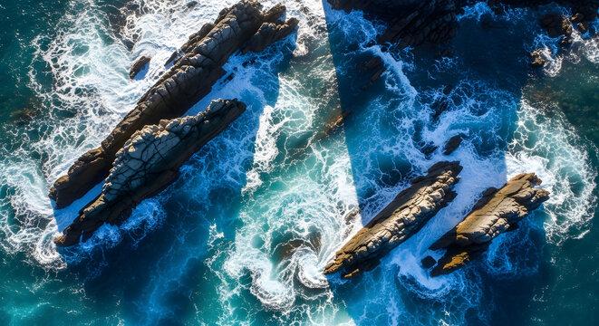 Aerial View of Waves Crashing on Rocky Coastline Near Portugal Nature Photography From Above