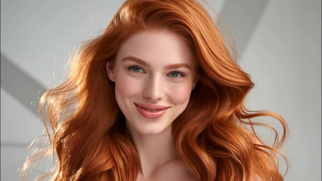 Advertising video of young beautiful woman with silky smooth pure ginger red hair smiling to camera on white modern background.Slow motion.AI Generative.