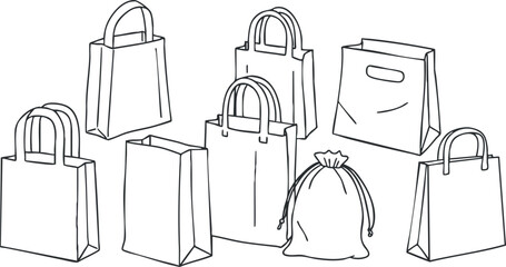 Outline vector illustration of various shopping bags and sacks, suitable for retail and packaging design projects