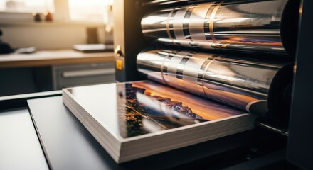High-quality printing process in a modern printing house, showcasing vibrant images being produced on glossy paper with advanced printing technology and equipment