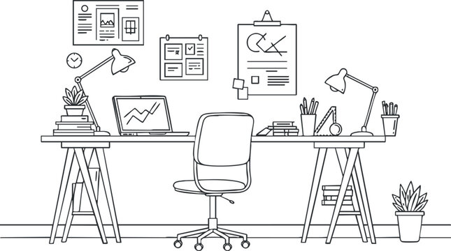 Minimalist line art vector illustration of a modern workspace featuring a desk, chair, plants, and office supplies for creative projects
