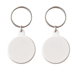Blank round keychains. Two identical white circular keychains attached to metal rings
