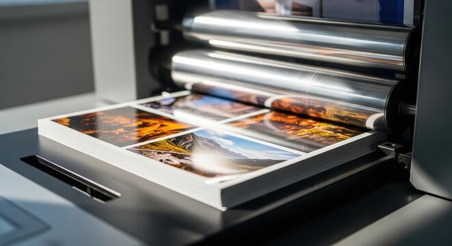 High-quality printing house showcasing a professional printer in action, producing vibrant images on glossy paper, emphasizing the printing process and craftsmanship involved in image production