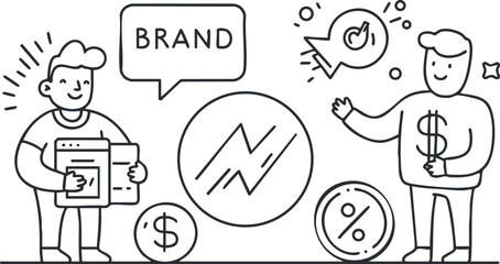 Outline vector illustration depicting business branding and growth concepts with finance symbols, ideal for marketing and design projects