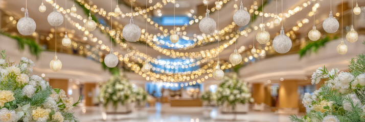 Elegant festive wedding venue decorated with hanging lights and ornaments