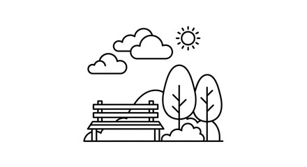 Park Bench Scene Icon: Nature and Leisure Symbol