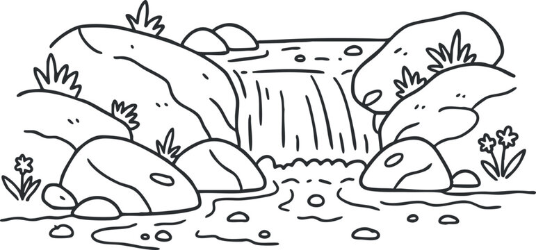 Outline vector illustration of a serene waterfall scene with rocks and surrounding flora, ideal for nature-themed designs - Powered by Adobe