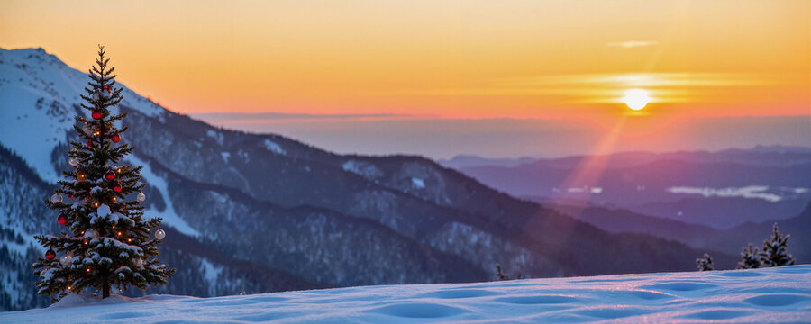 Snowy mountain landscape at sunset with evergreen tree in winter  