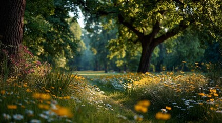 Naklejka premium Sunny Meadow Filled With Wildflowers and Lush Trees on a Warm Spring Day