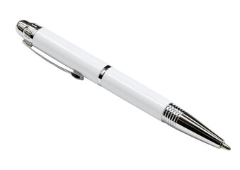 High-angle, close-up of a sleek, white ballpoint pen.  The pen's body is smooth, with a slightly tapered design.  A metallic, likely chrome, trim accents the pen