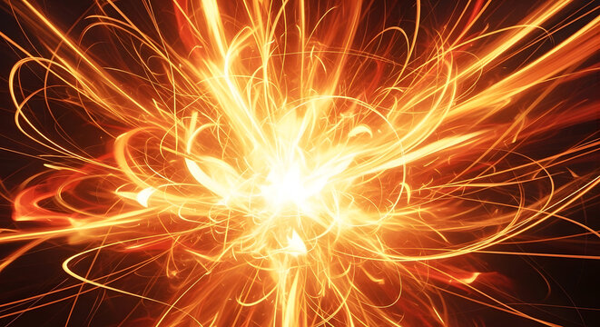 Explosion of bright golden and orange light streaks emanating from a central point creating a dynamic and energetic abstract burst of energy and motion