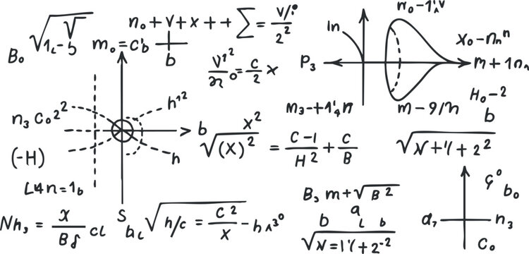 Black and white vector illustration of mathematical equations and physics formulas, suitable for educational and academic design projects