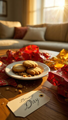 Boxing Day Cookies with Gift Wrapping on a Wooden Table