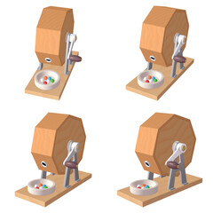 催事・イベントのイラスト素材　ガラポン抽選器（1）　黄　抽選玉付　カット四点セット（1）　