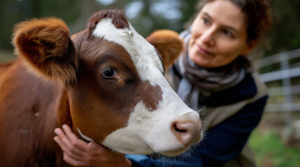 Defocused livestock caretaker while sharp detailed cow's face and affectionate gesture remain in focus, with copy space