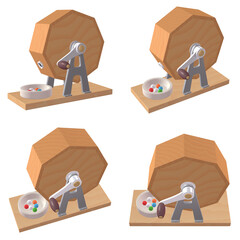 催事・イベントのイラスト素材　ガラポン抽選器（1）　黄　抽選玉付　カット四点セット（2）　