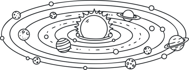 Outline vector illustration of the solar system featuring planets orbiting the sun, ideal for educational and scientific projects