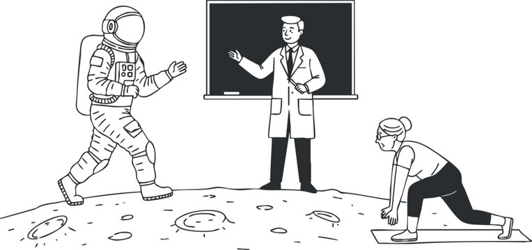 Vector illustration depicting an astronaut on the moon, a doctor presenting, and a woman preparing for exercise, ideal for health and education contexts