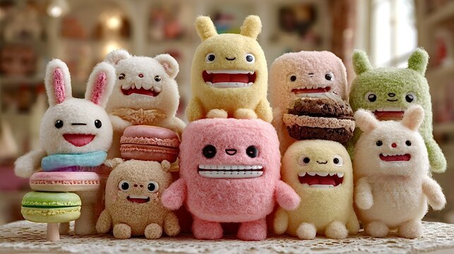 Group of cute plush monsters smiling with macarons