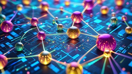 Abstract digital network of glowing nodes connected by lines on a circuit board background
