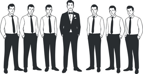 Minimalist vector illustration of a groom surrounded by groomsmen in formal attire, suitable for wedding invitations and celebration themes