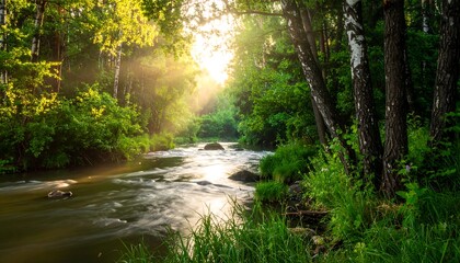 Sunlit river flowing through lush green woods, birch trees line the bank, serene, calming, nature at its finest