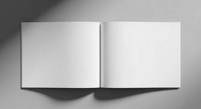 Top view of an open blank square book or magazine mockup with empty pages, casting soft shadows on a neutral gray background