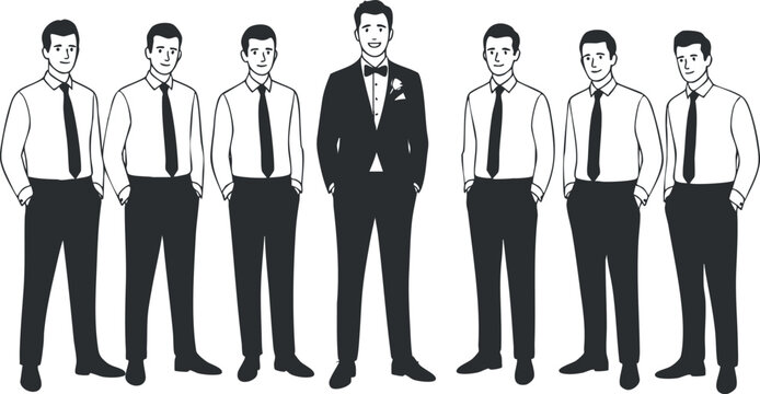 Minimalist vector illustration of a groom surrounded by groomsmen in formal attire, suitable for wedding invitations and celebration themes
