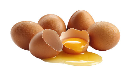 Close-up of four whole brown eggs, one cracked open, yolk spilling