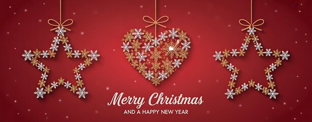 Christmas stars and heart ornaments with merry christmas text on red background