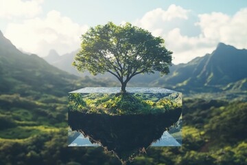 Earth day celebration highlighting towering canopy tree in lush tropical forest promoting sustainability and environmental awareness