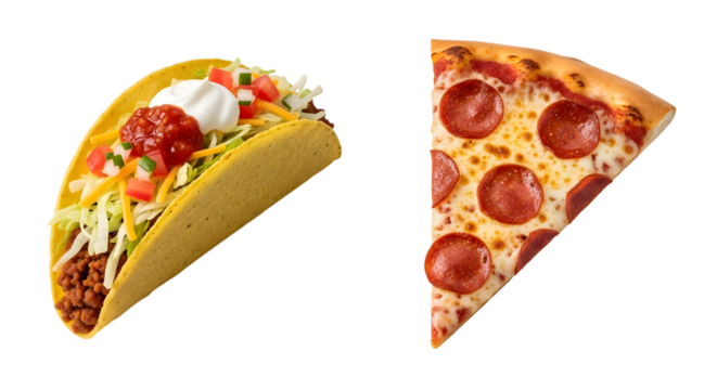 A slice of pepperoni pizza and a taco, isolated on transparent background