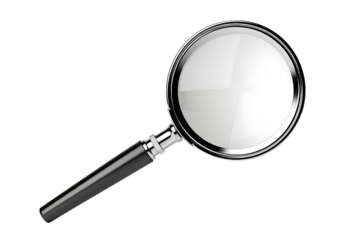 Magnifying glass with shiny chrome rim for search and analysis isolated on transparent background