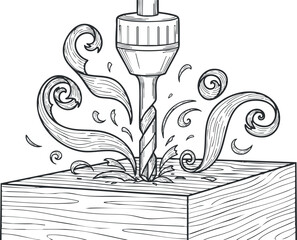 Detailed line art illustration of a drill creating swirling wood shavings, ideal for woodworking and craft projects