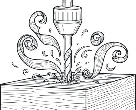 Detailed line art illustration of a drill creating swirling wood shavings, ideal for woodworking and craft projects