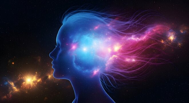 Abstract female silhouette with cosmic galaxy and nebula in brain for inspiration