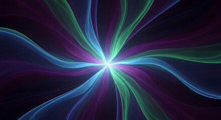 Abstract glowing fractal light streaks in vibrant blue green and purple emanating from a bright central starburst on a dark background
