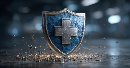 Shield Symbol With a Glowing Cross Representing Health and Protection in Modern Design