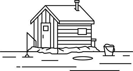 Minimalist Ice Fishing Hut or Shack Outline Vector, Winter Cabin and Frozen Lake Scene