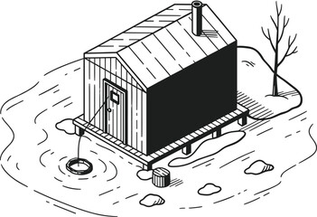 Isometric Cabin or Hut on Shoreline Outline Vector, Wilderness Retreat and Lake House Line Art