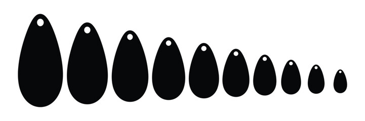 Collection of teardrop shapes isolated on white background in descending size