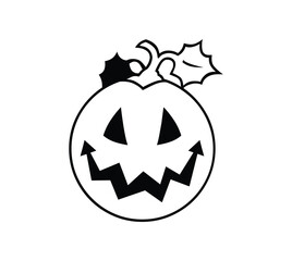 A simple black and white line drawing of a jack o lantern with leaves and a jagged mouth design
