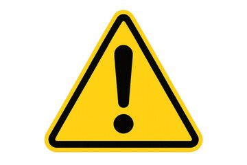 Yellow triangular warning sign with exclamation mark symbol indicating danger, hazard, caution, and alert on transparent background
