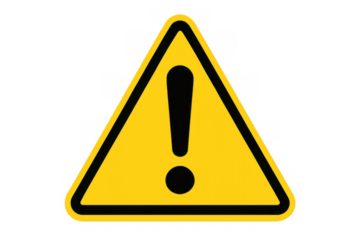 Yellow triangular warning sign with exclamation mark symbol indicating danger, hazard, caution, and alert on transparent background