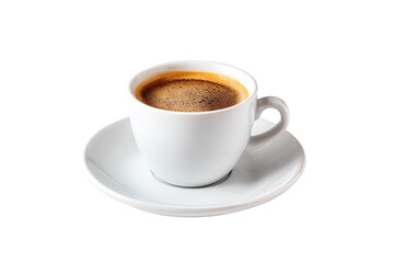 Espresso in a white cup and saucer.  A full shot of a small, white ceramic espresso cup, filled with dark, rich coffee.  The saucer is also white and sits beneath the cup.  Simple, clean aesthetic