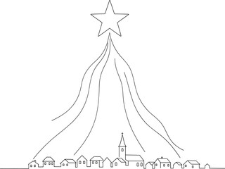 Minimalist Guiding Star Over Christmas Town Outline Vector, Holiday Faith, Hope, and Village Scene