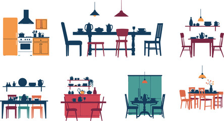 Colorful dining room and kitchen interior illustrations featuring tables, chairs, cabinets, lighting, decor elements, cookware, and modern home furniture design