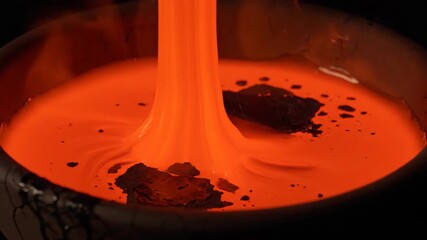 Molten chocolate flowing over dark chunks in a smooth, rich liquid pouring process